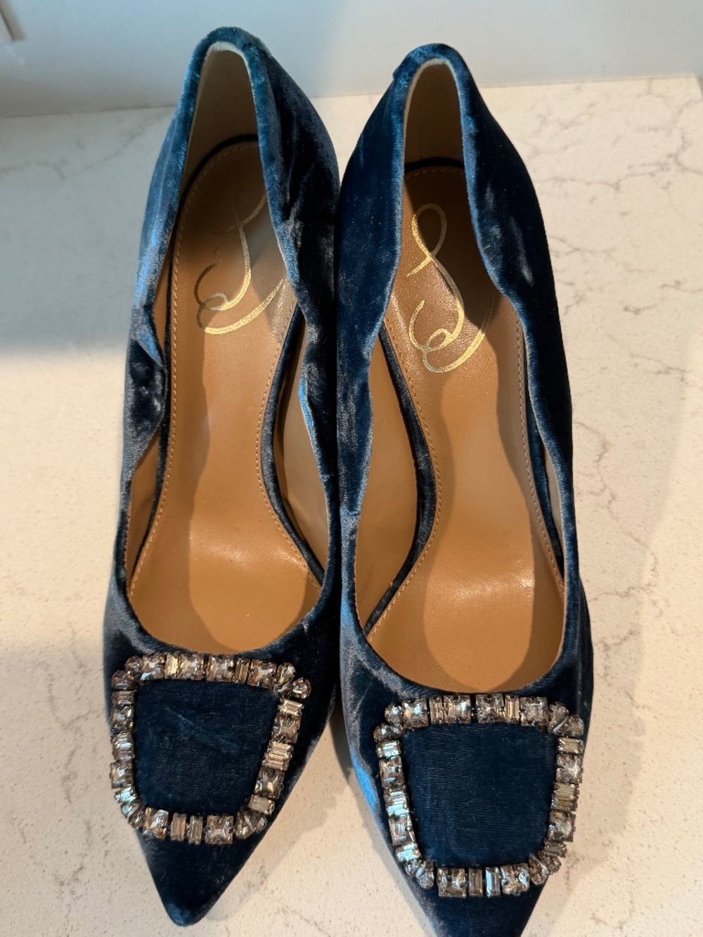 Sam Edelman Blue Velvet Pointed Toe Heels with Crystal Buckle